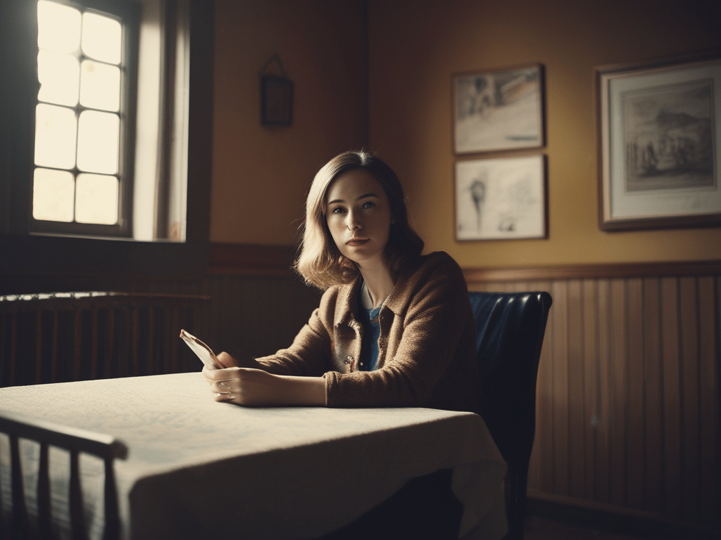 Young woman holding a smartphone, sitting at a table in a warmly lit room.