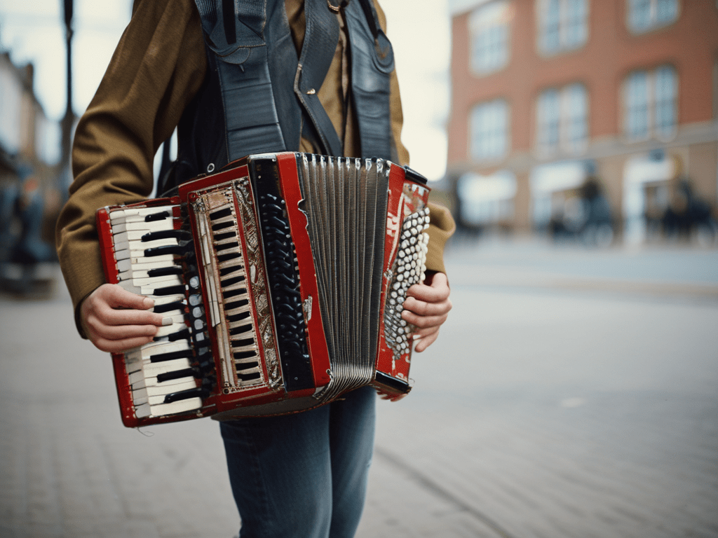 Close-up of a person playing an accordion on a city street.