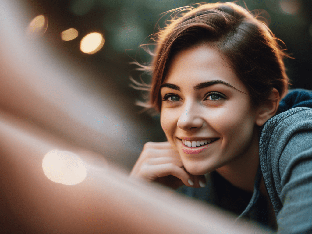 Close-up of a smiling young woman in natural light.