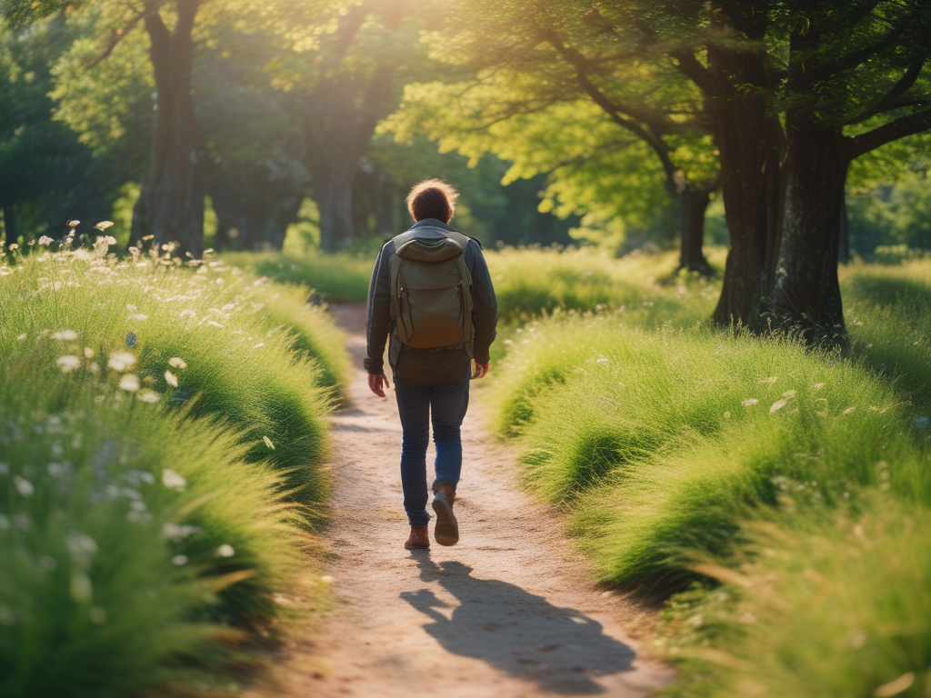 Person walking along a sunlit path in a forest, surrounded by tall green grass and trees.
