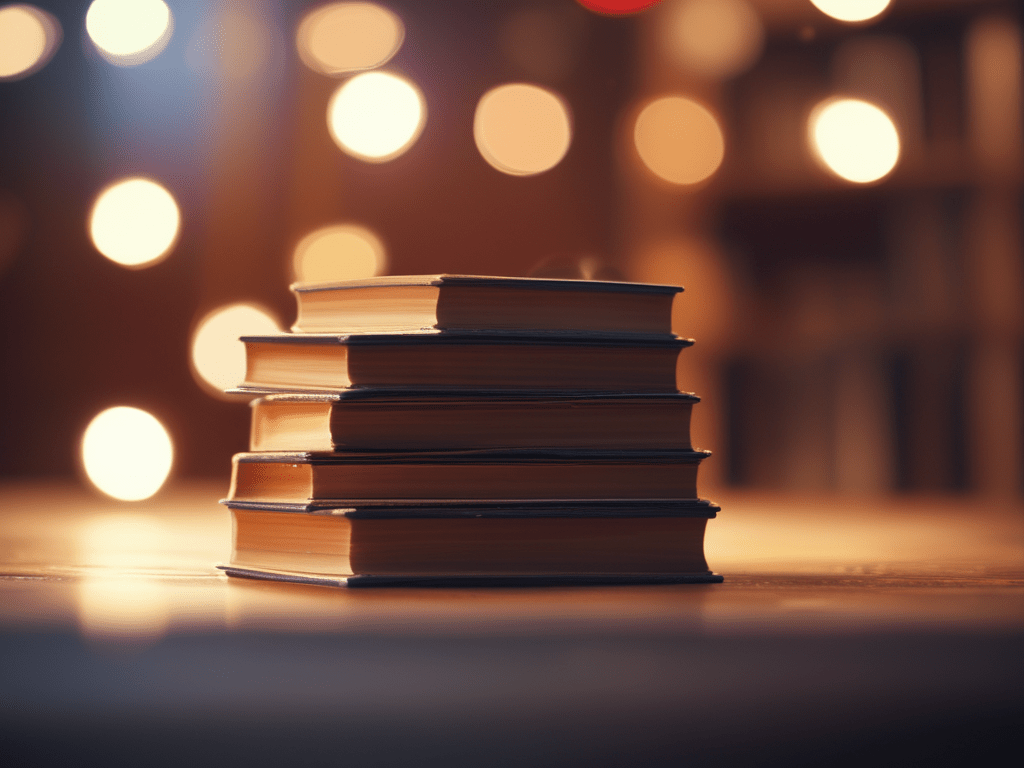 Stack of books on a table with blurred warm lights in the background.