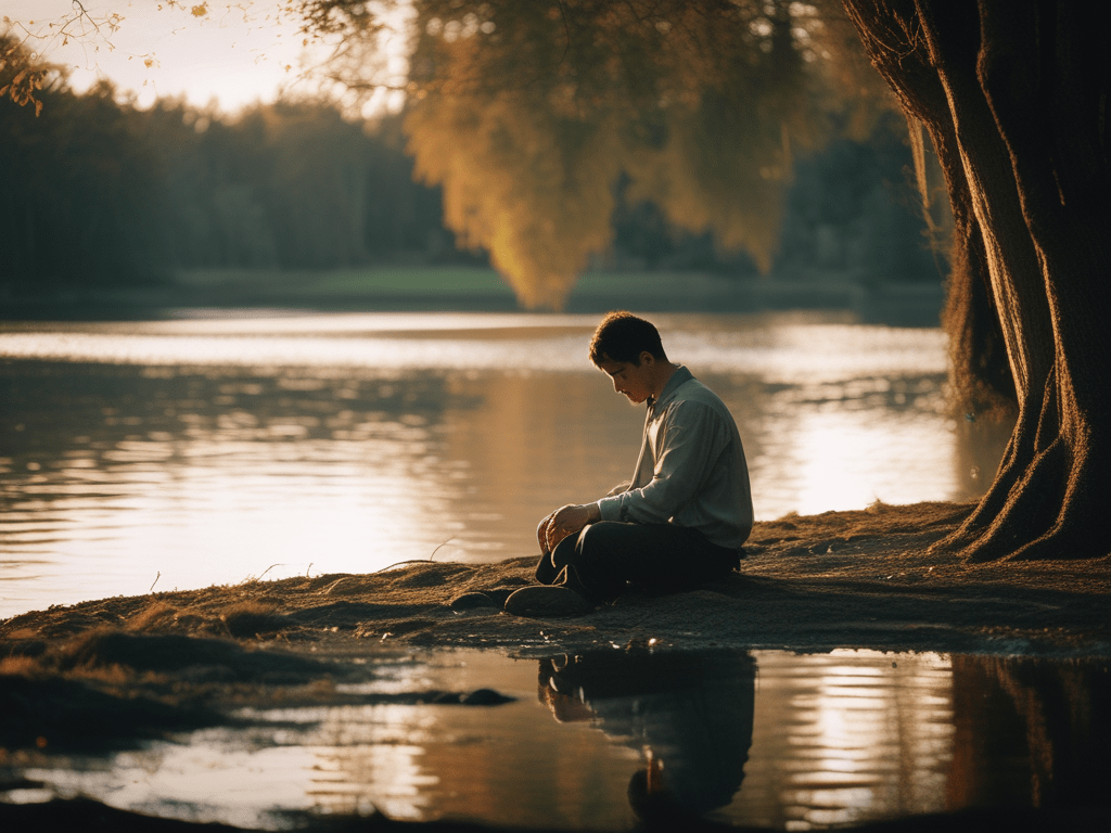 Man sitting by a lake at sunset, looking thoughtful and serene.