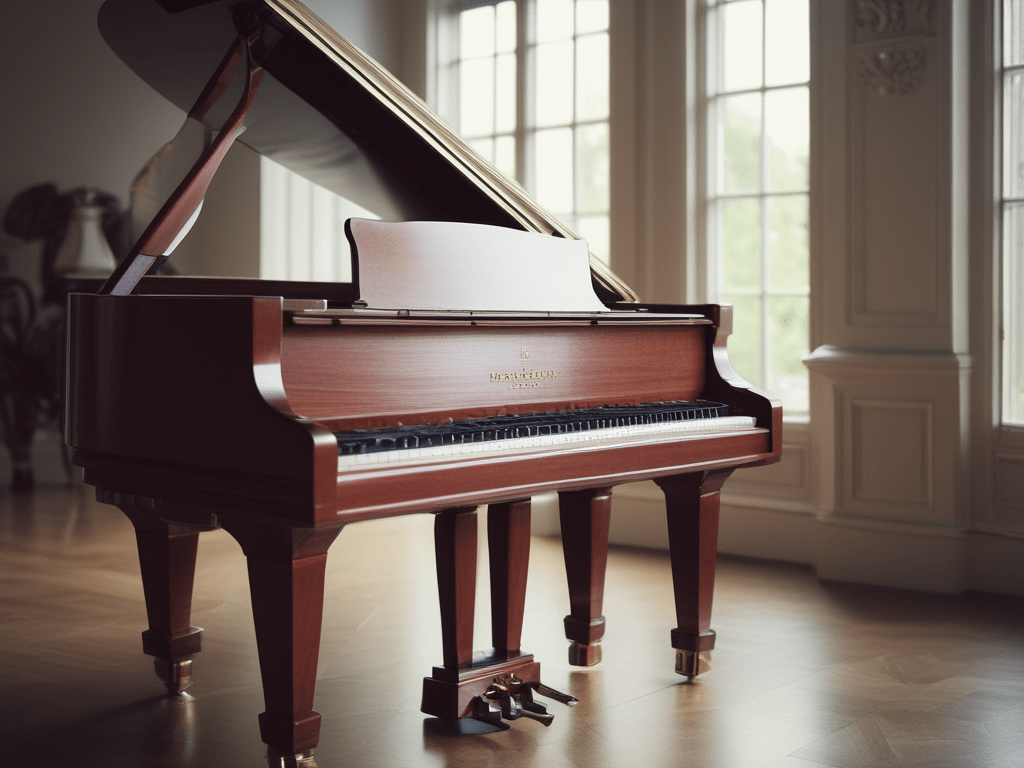 A grand piano in an elegantly furnished room with large windows