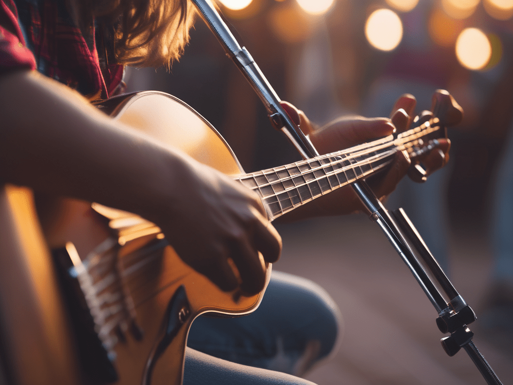 Close-up of a person's hands playing an acoustic guitar with blurred lights in the background.