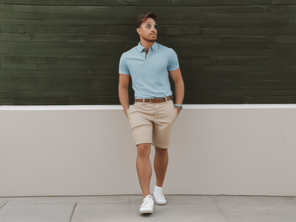 A young man wearing a light blue polo shirt, beige shorts, white sneakers, and sunglasses stands against a dark green wall with his hands in his pockets.