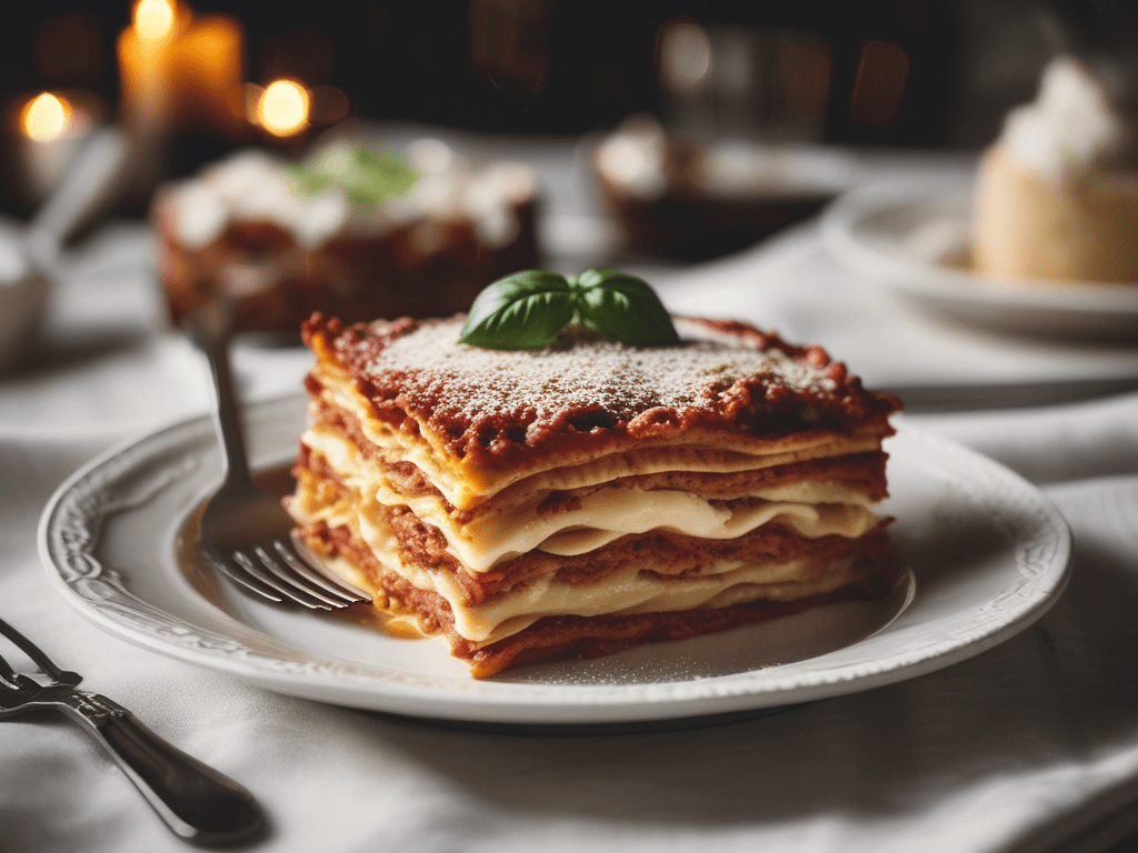 A slice of lasagna with layers of pasta, cheese, and meat sauce, garnished with a basil leaf, served on a white plate with a fork.