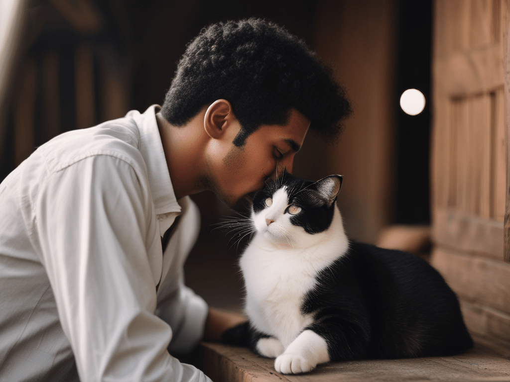 A young man in a white shirt gently kisses the head of a black and white cat that is sitting on a wooden surface.