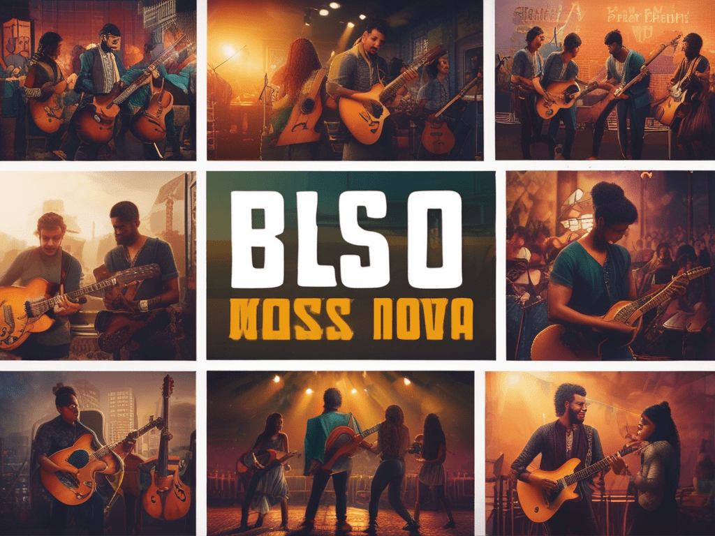 Collage of vibrant images depicting BLSO performing at various Bossa Nova concerts. The central image showcases the band’s name ‘BLSO’ with ‘Bossa Nova’ underneath.