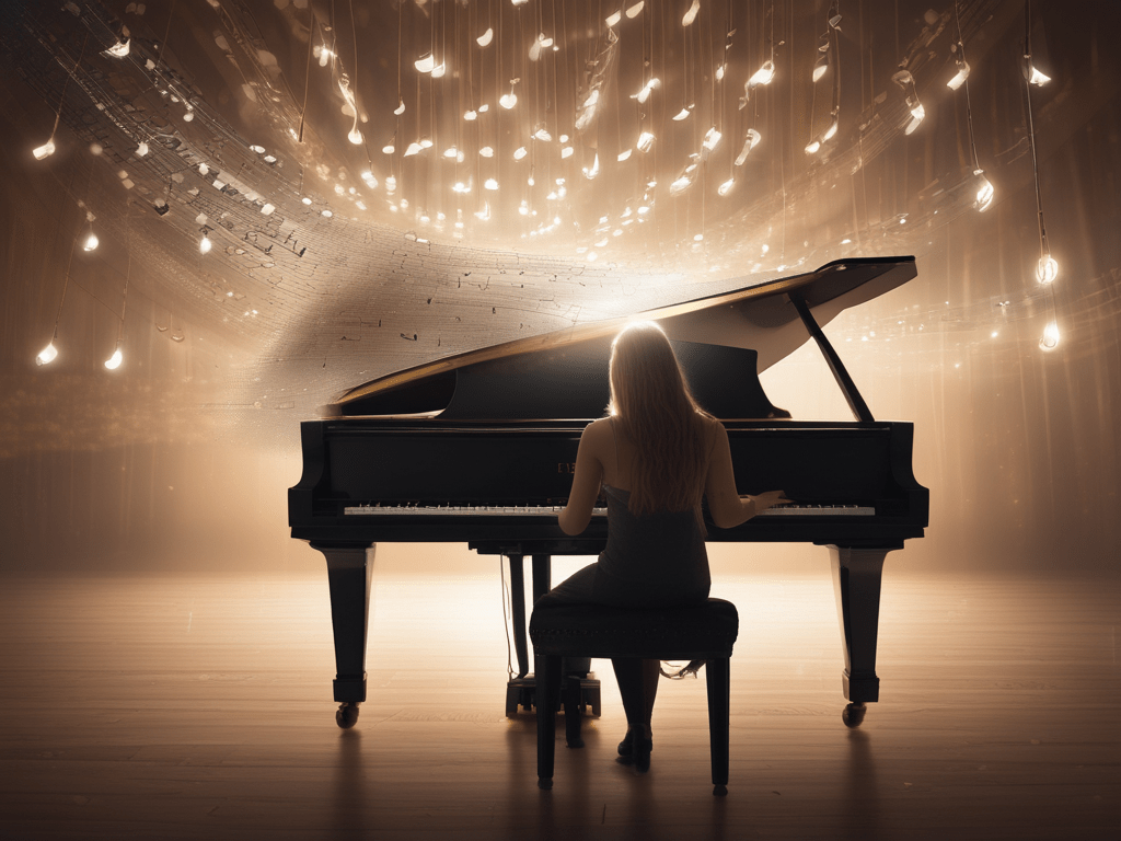 Silhouette of a woman playing a grand piano on stage with a backdrop of glowing musical notes and warm, ambient lighting.