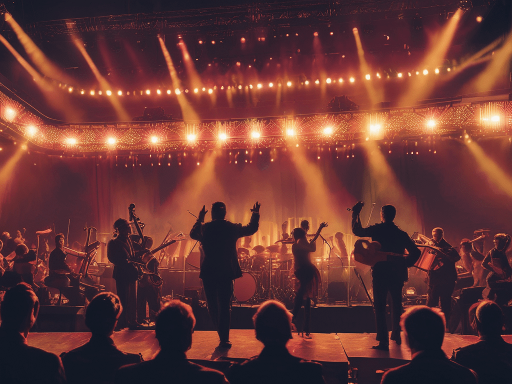Silhouetted musicians performing on stage with dramatic red and orange lighting, viewed from the audience perspective. The stage is filled with various instruments and performers, creating a dynamic and energetic atmosphere.