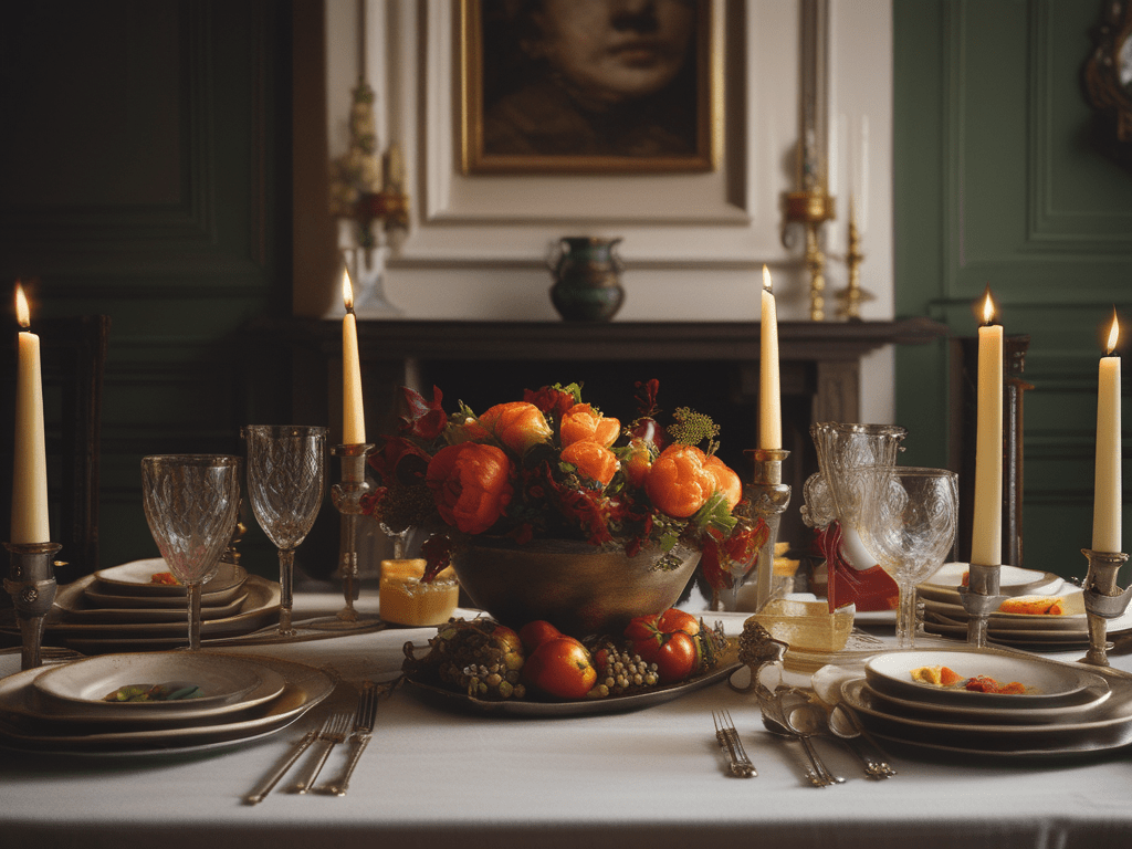 A beautifully set dining table adorned with crystal glasses, fine china, and an elegant centerpiece of vibrant flowers and fruits, illuminated by tall, flickering candles.