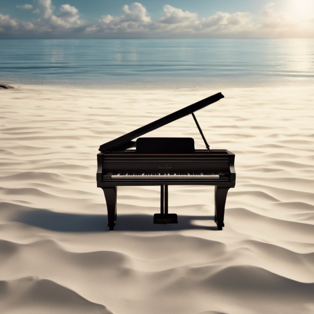 A black grand piano situated on a peaceful beach with soft, white sand and a calm sea in the background under a partly cloudy sky.