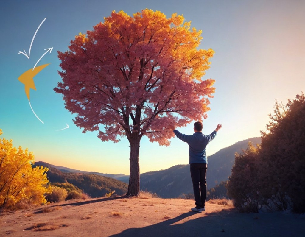 A man standing with arms outstretched under a tree with vibrant foliage, welcoming the sunrise over a mountainous landscape.