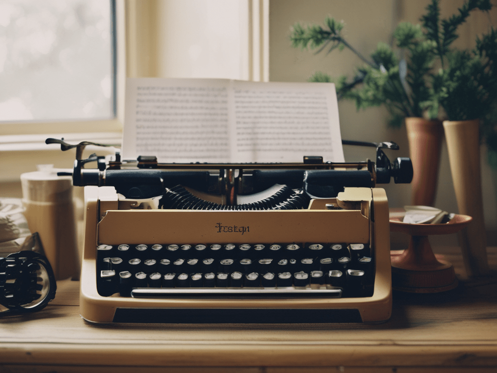 Vintage typewriter on a wooden desk with paper inserted, surrounded by small plants and decor in a warmly lit room.