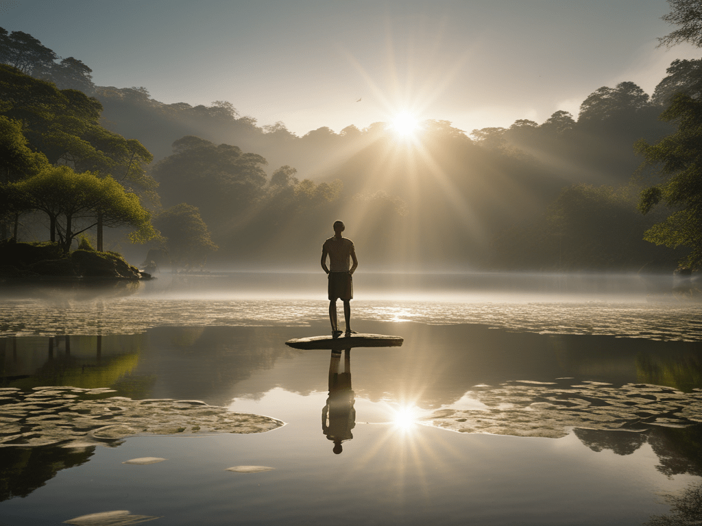Person standing on a rock in the middle of a tranquil lake, surrounded by mist and illuminated by the morning sun’s rays.