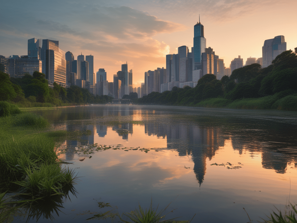 Urban skyline at sunrise reflected in a serene lake, with lush greenery in the foreground.