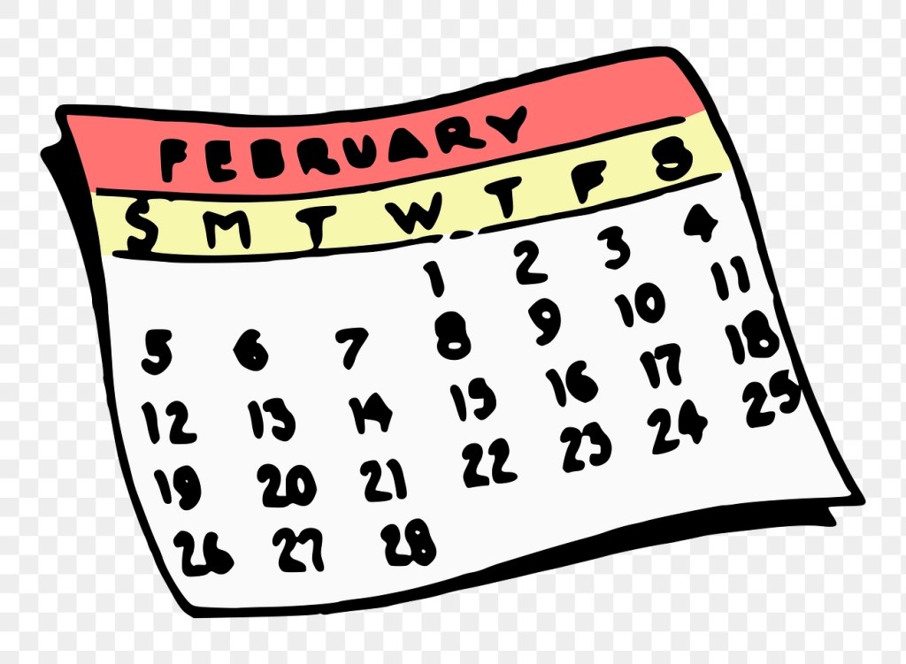 Illustration of a hand-drawn February calendar showing the dates and days of the week in a colorful and casual style.