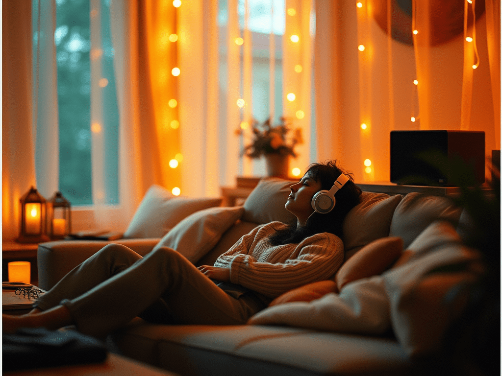 A woman wearing headphones relaxing on a sofa, surrounded by warm lighting from string lights and lanterns, creating a peaceful and cozy atmosphere.