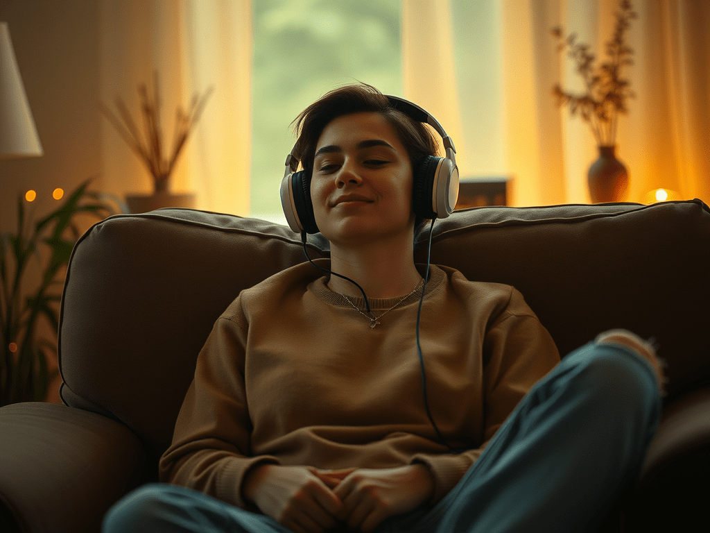 Young woman sitting comfortably in an armchair, eyes closed and smiling, while listening to music on headphones in a warmly lit room.