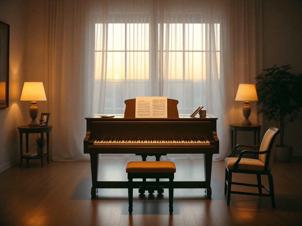 A grand piano with an open music book, set in a cozy room with soft lighting, a window showing the sunset, and comfortable chairs on either side.