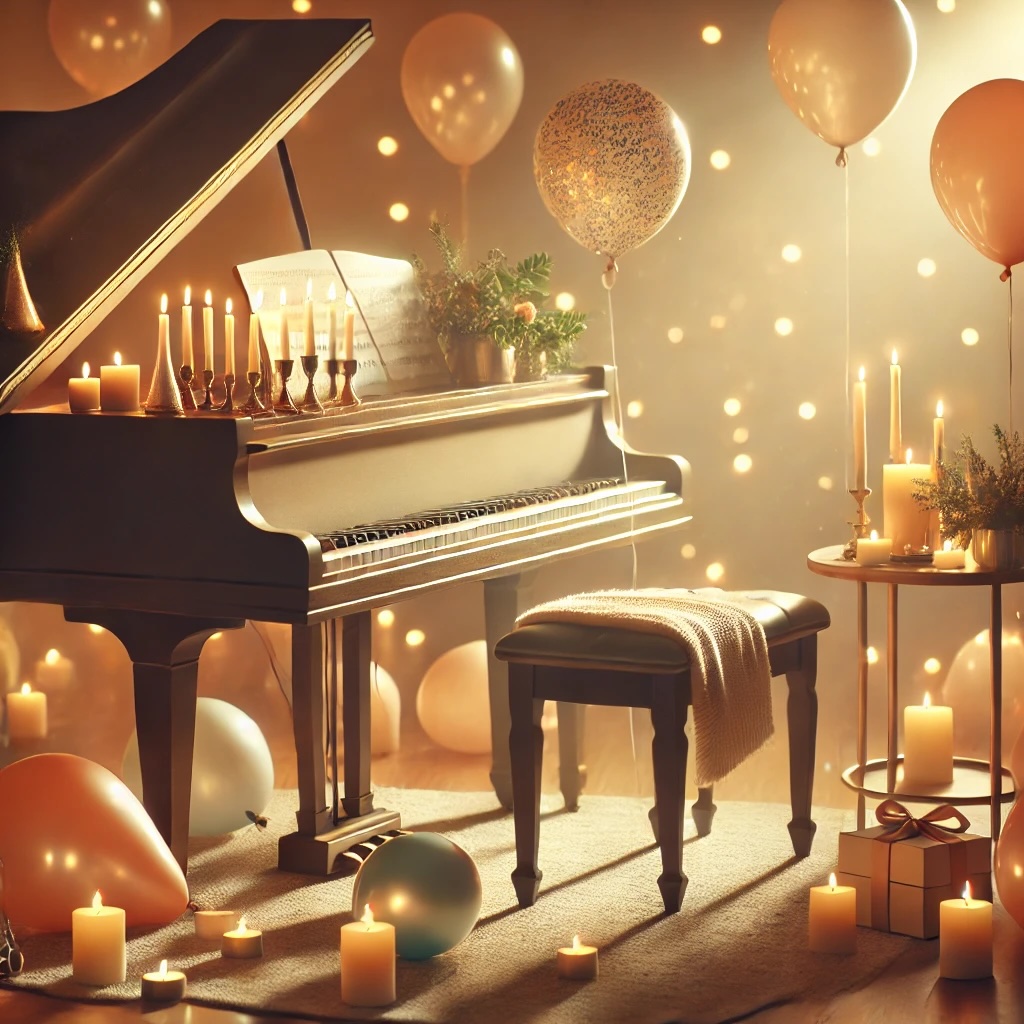 A grand piano adorned with candles, flowers, and sheet music, surrounded by balloons and soft golden lighting, evoking a festive and intimate atmosphere.