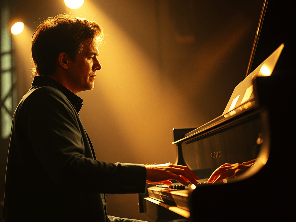 Side view of a pianist playing a grand piano, bathed in soft, golden stage lighting that enhances the contemplative mood.