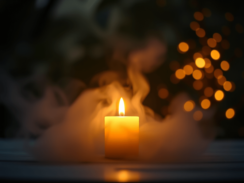 A lit candle with swirling smoke around it, set against a blurred background with warm, golden bokeh lights.